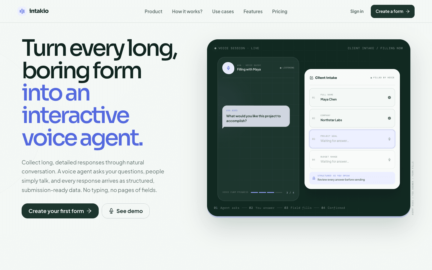 Intakio homepage